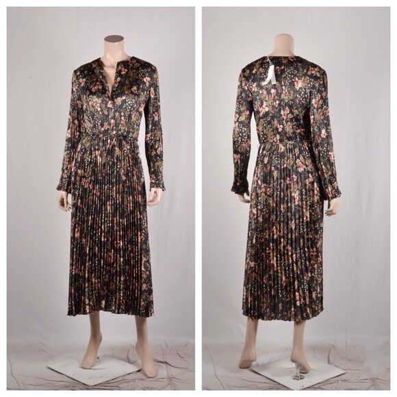 Vince Orchid Vine Pleated Satin Long-sleeve Midi Dress - Picture 3 of 4